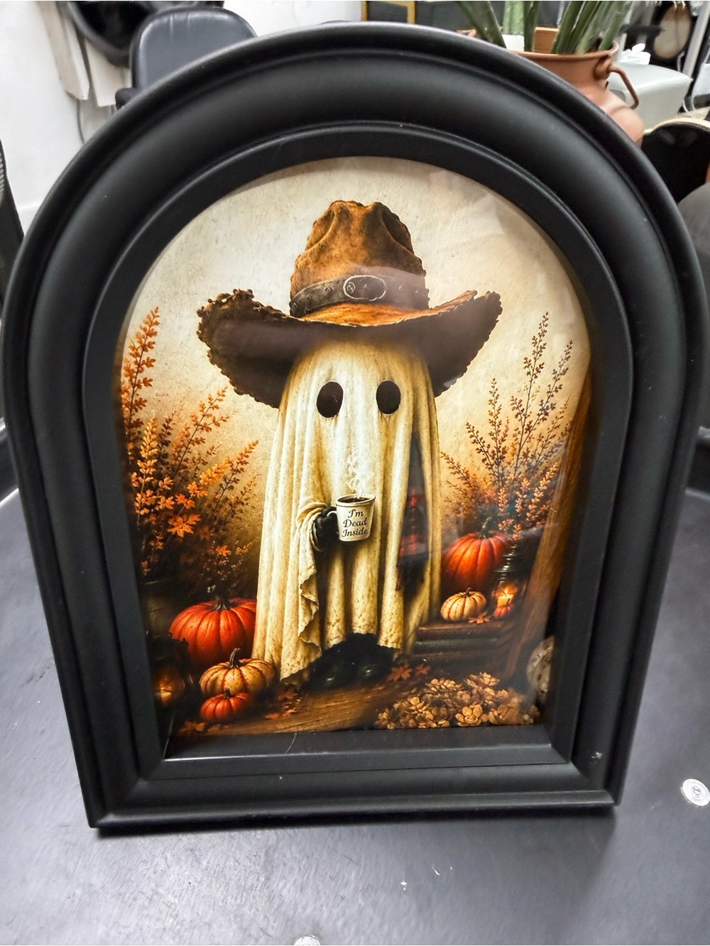 Halloween Ghost with Cowboy Hat Wall Art - Black Frame, Orange Accents